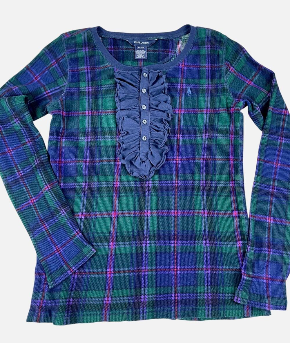 Ralph Lauren Girls Plaid Thermal Henley Top Ruffle Long Sleeve Cotton Sz 16